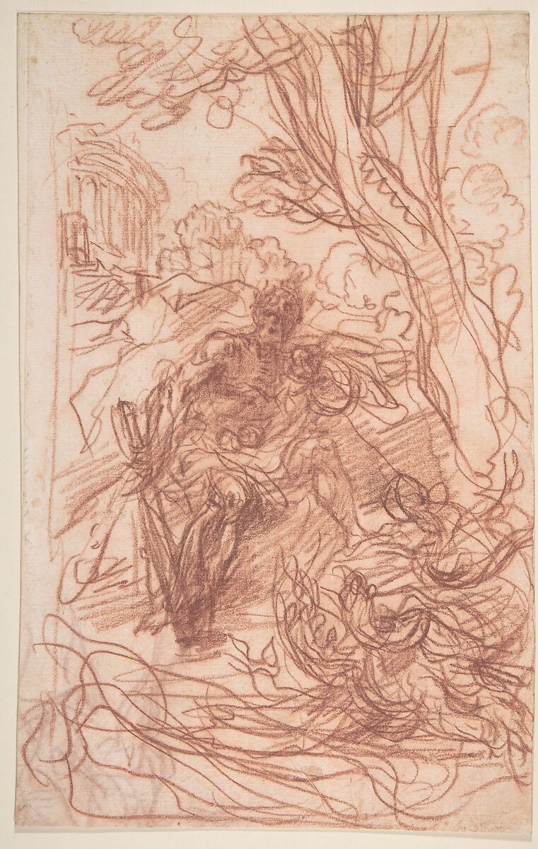 Hercules in the Garden of the Hesperides, Baldassarre Franceschini (il Volterrano) (Italian, Volterra 1611–1690 Florence), Red chalk 