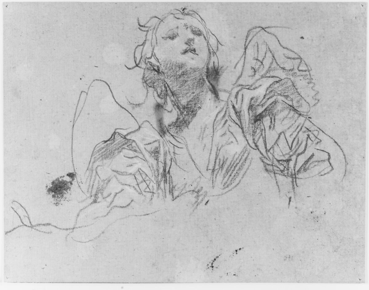 Half-Figure of an Angel Looking Upward (recto); Bust of a Man in Left Profile (verso), Baldassarre Franceschini (il Volterrano) (Italian, Volterra 1611–1690 Florence), Red chalk, on beige paper