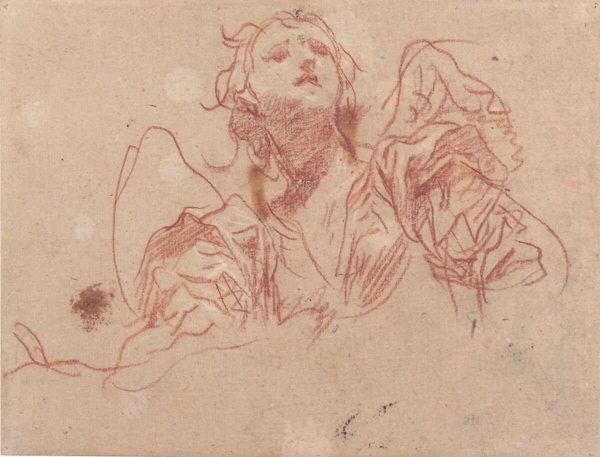 Half-Figure of an Angel Looking Upward (recto); Bust of a Man in Left Profile (verso), Baldassarre Franceschini (il Volterrano) (Italian, Volterra 1611–1690 Florence), Red chalk, on beige paper