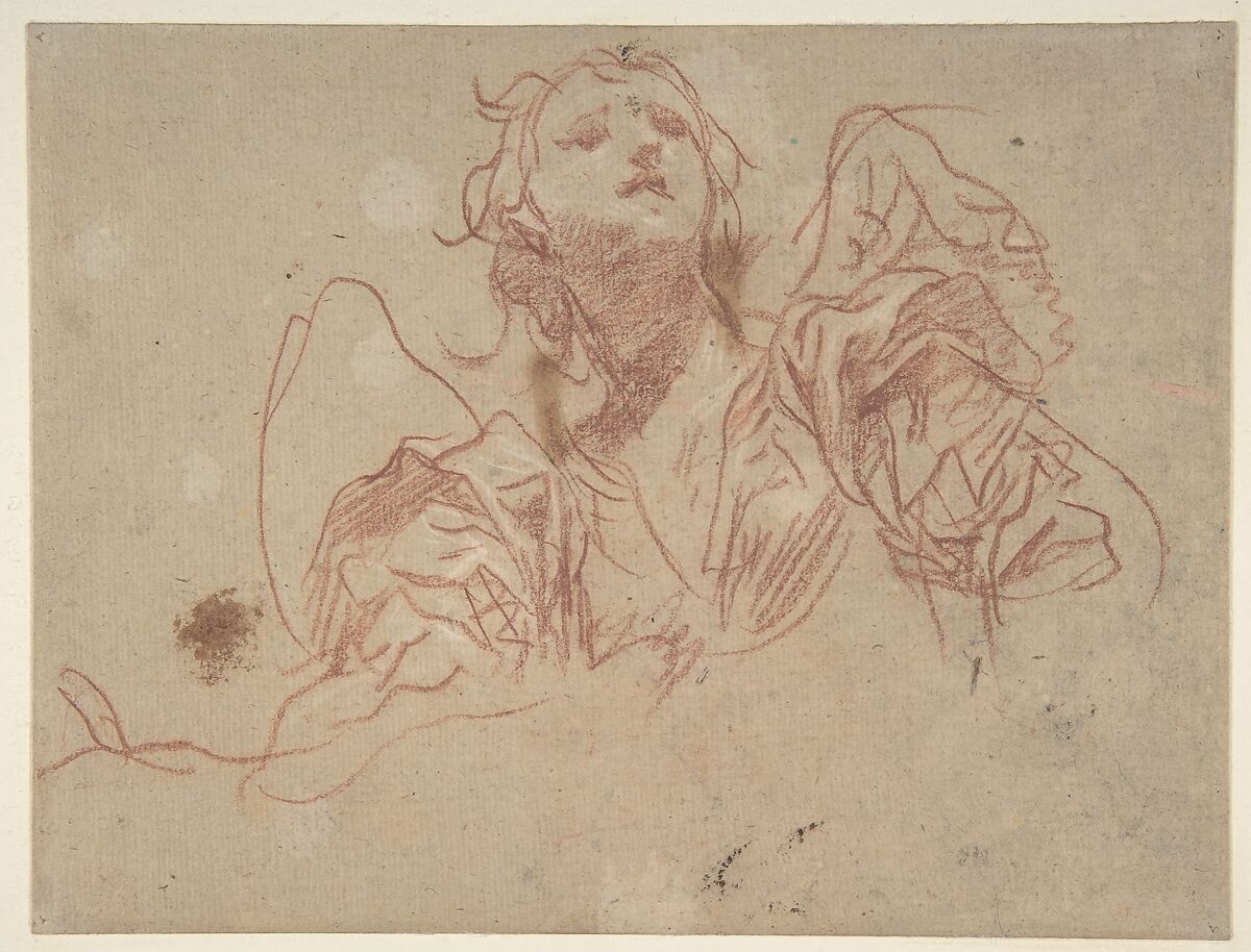 Half-Figure of an Angel Looking Upward (recto); Bust of a Man in Left Profile (verso), Baldassarre Franceschini (il Volterrano) (Italian, Volterra 1611–1690 Florence), Red chalk, on beige paper 