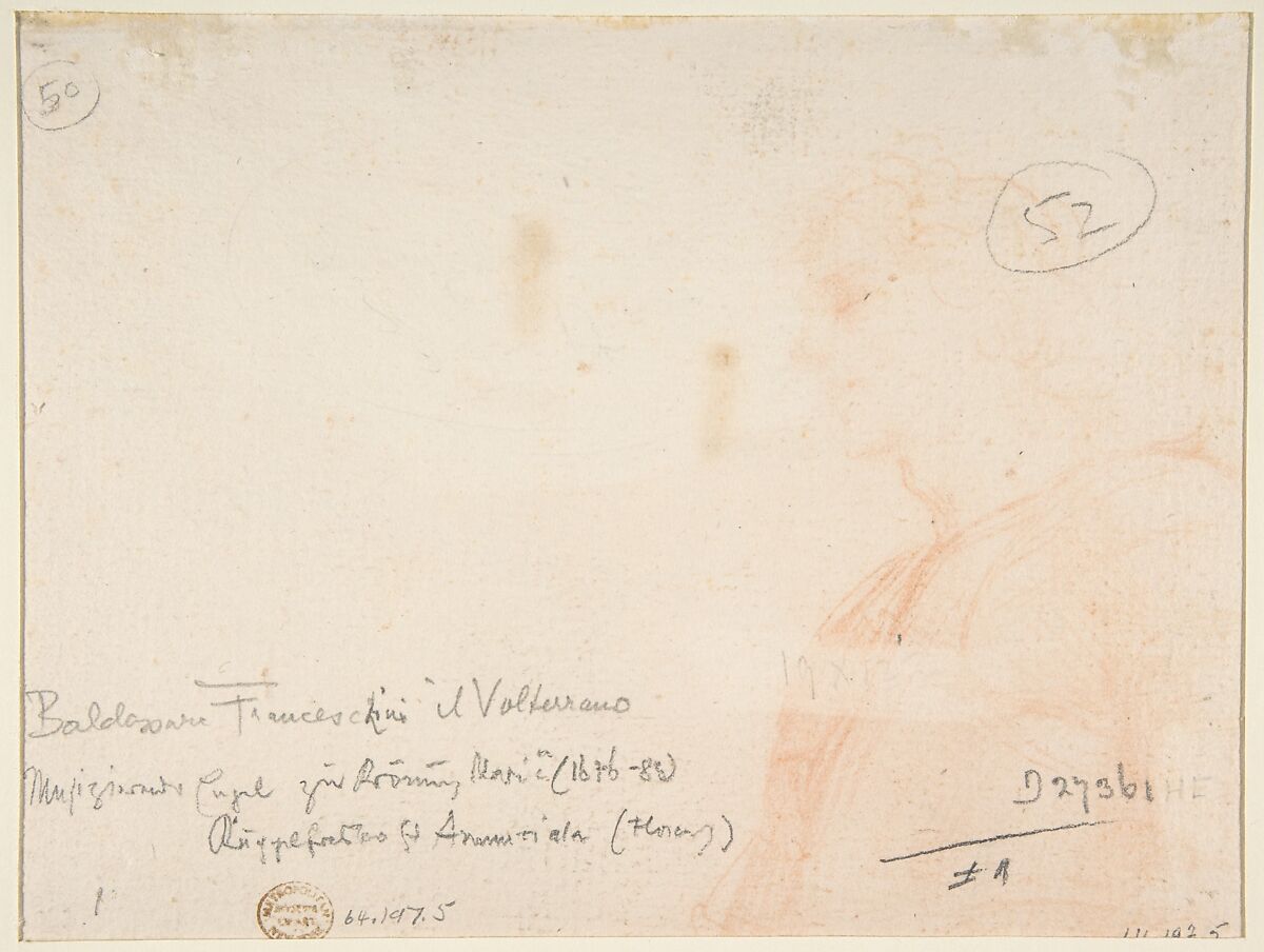 Half-Figure of an Angel Looking Upward (recto); Bust of a Man in Left Profile (verso), Baldassarre Franceschini (il Volterrano) (Italian, Volterra 1611–1690 Florence), Red chalk, on beige paper