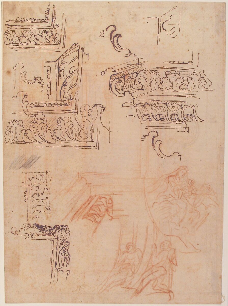 Studies of Architectural Moldings, of the Virgin and Child with a Kneeling Saint, and of Two Angels Supporting Frames (recto); Studies for Architectural Mouldings (verso), Baldassarre Franceschini (il Volterrano) (Italian, Volterra 1611–1690 Florence), Pen and brown ink, red chalk, a little black chalk (recto); further studies of moldings in red chalk and pen and brown ink (verso)