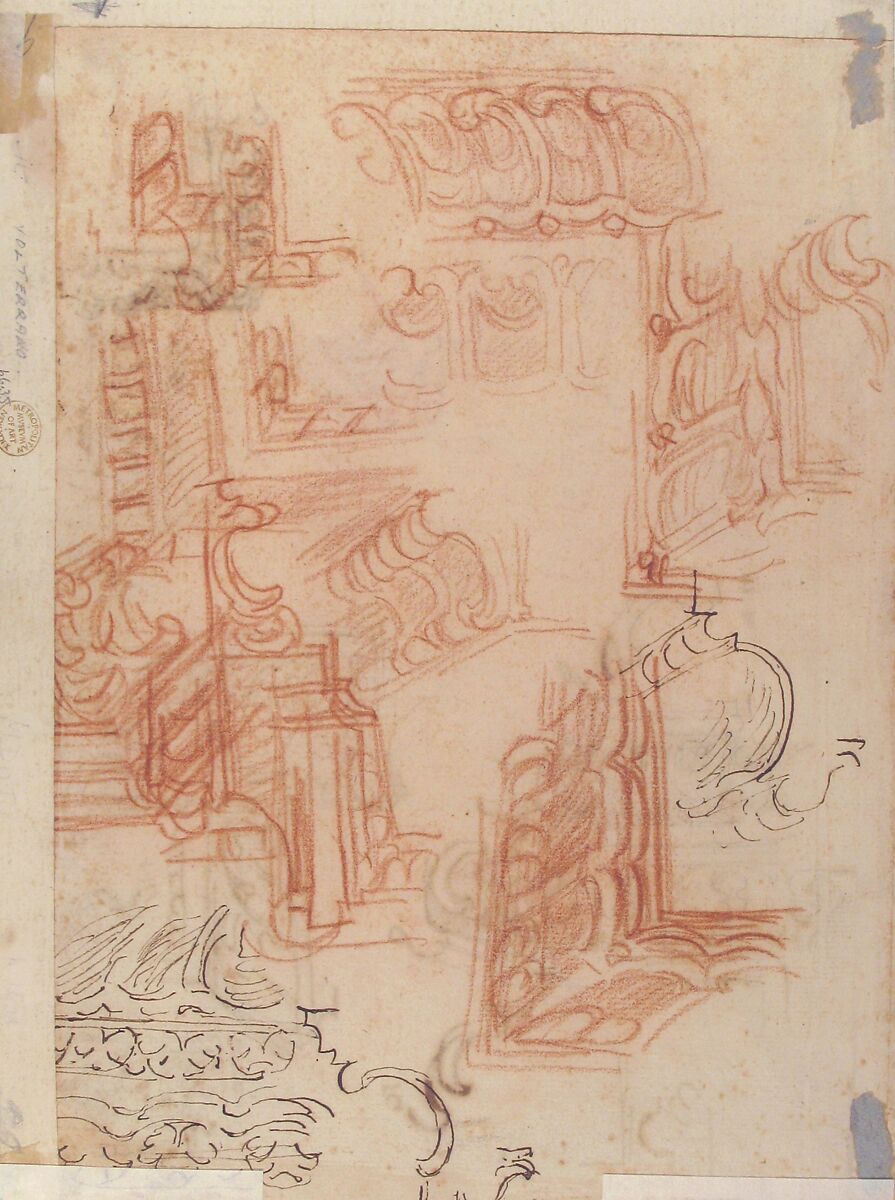 Studies of Architectural Moldings, of the Virgin and Child with a Kneeling Saint, and of Two Angels Supporting Frames (recto); Studies for Architectural Mouldings (verso), Baldassarre Franceschini (il Volterrano) (Italian, Volterra 1611–1690 Florence), Pen and brown ink, red chalk, a little black chalk (recto); further studies of moldings in red chalk and pen and brown ink (verso)