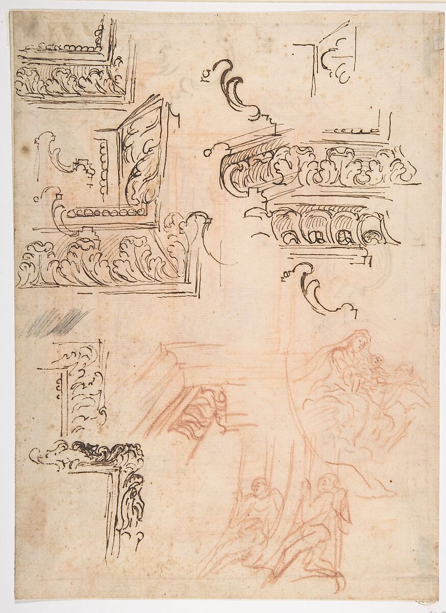 Studies of Architectural Moldings, of the Virgin and Child with a Kneeling Saint, and of Two Angels Supporting Frames (recto); Studies for Architectural Mouldings (verso), Baldassarre Franceschini (il Volterrano) (Italian, Volterra 1611–1690 Florence), Pen and brown ink, red chalk, a little black chalk (recto); further studies of moldings in red chalk and pen and brown ink (verso) 