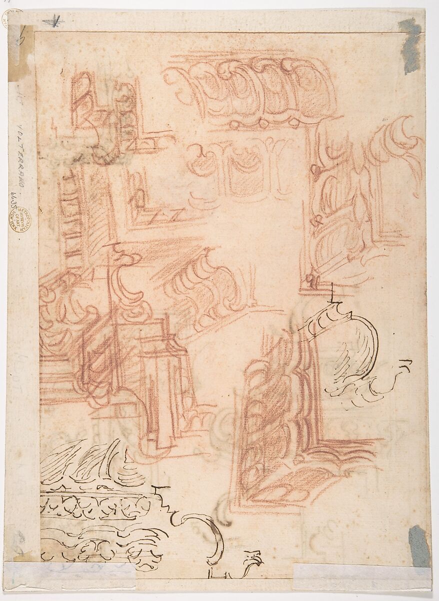 Studies of Architectural Moldings, of the Virgin and Child with a Kneeling Saint, and of Two Angels Supporting Frames (recto); Studies for Architectural Mouldings (verso), Baldassarre Franceschini (il Volterrano) (Italian, Volterra 1611–1690 Florence), Pen and brown ink, red chalk, a little black chalk (recto); further studies of moldings in red chalk and pen and brown ink (verso)