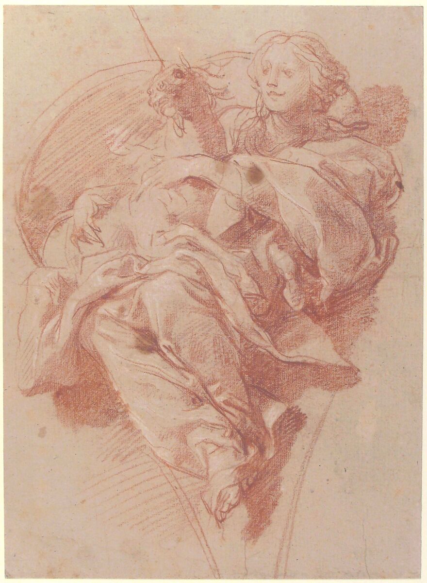 Allegorical Figure of Purity with a Unicorn (recto); Study for Drapery (verso), Baldassarre Franceschini (il Volterrano) (Italian, Volterra 1611–1690 Florence), Red chalk, highlighted with white chalk, on thick beige paper (recto); study for drapery in red chalk (verso)