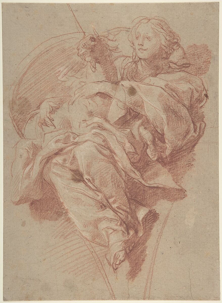 Allegorical Figure of Purity with a Unicorn (recto); Study for Drapery (verso), Baldassarre Franceschini (il Volterrano) (Italian, Volterra 1611–1690 Florence), Red chalk, highlighted with white chalk, on thick beige paper (recto); study for drapery in red chalk (verso) 