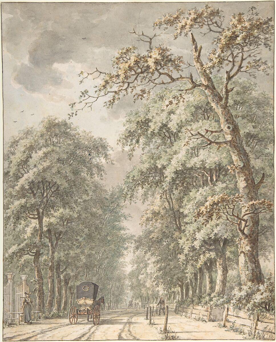 The Amstelveen Road from Amsterdam towards Amstelveen, Johann Edler Goll van Franckenstein (Dutch, Frankfurt 1722–1785 Velzen), Watercolor over black chalk; framing lines in pen and black ink 