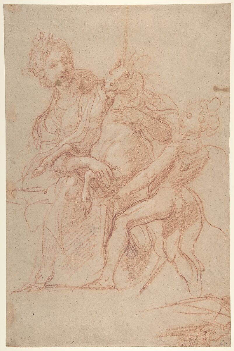 Allegorical Figure of Purity with a Unicorn and Putto (recto); Study of a Nude Boy (verso), Baldassarre Franceschini (il Volterrano) (Italian, Volterra 1611–1690 Florence), Red chalk on beige paper 