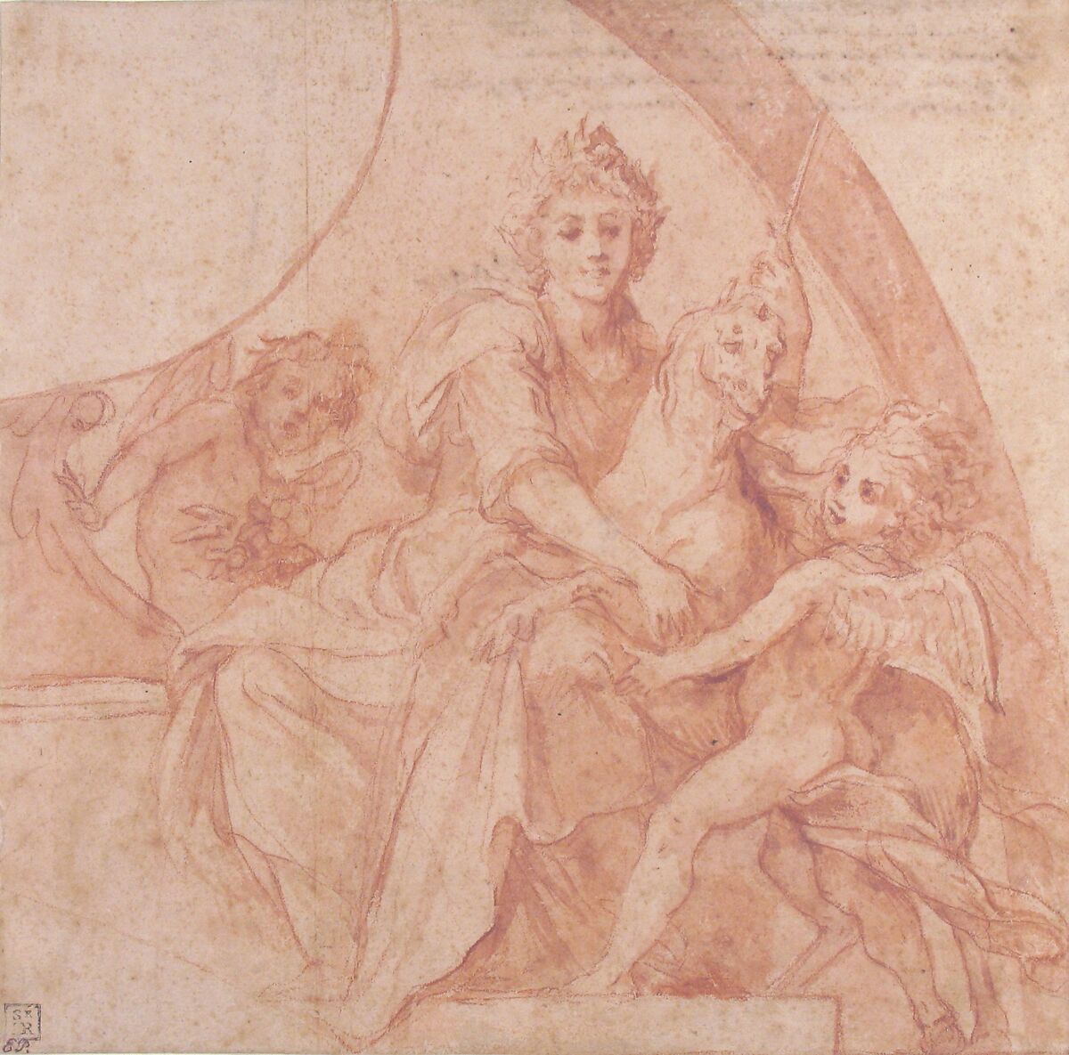 Allegorical Figure of Purity with a Unicorn and Two Putti (recto); Study of the Same Figures (verso), Baldassarre Franceschini (il Volterrano) (Italian, Volterra 1611–1690 Florence), Red chalk, brush and red wash, on beige paper (recto); faint red chalk sketches for the same group (verso)