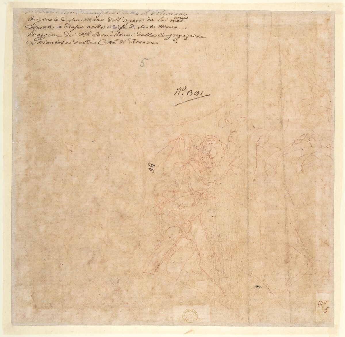 Allegorical Figure of Purity with a Unicorn and Two Putti (recto); Study of the Same Figures (verso), Baldassarre Franceschini (il Volterrano) (Italian, Volterra 1611–1690 Florence), Red chalk, brush and red wash, on beige paper (recto); faint red chalk sketches for the same group (verso)