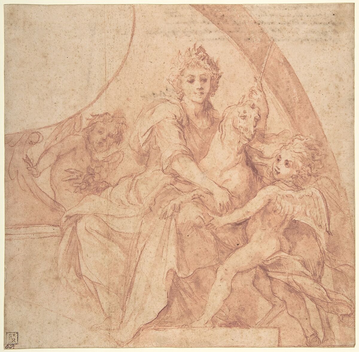Allegorical Figure of Purity with a Unicorn and Two Putti (recto); Study of the Same Figures (verso), Baldassarre Franceschini (il Volterrano) (Italian, Volterra 1611–1690 Florence), Red chalk, brush and red wash, on beige paper (recto); faint red chalk sketches for the same group (verso) 