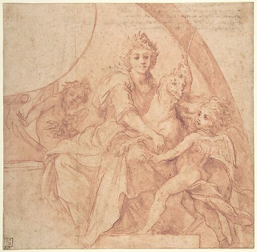 Allegorical Figure of Purity with a Unicorn and Two Putti (recto); Study of the Same Figures (verso)