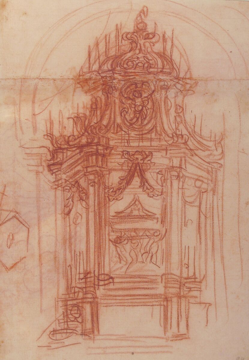 Design for a Catafalque (recto); Female Saint Kneeling on Clouds under an Arch, and a Design for the Pinnacle of the Catafalque (verso), Baldassarre Franceschini (il Volterrano) (Italian, Volterra 1611–1690 Florence), Red chalk