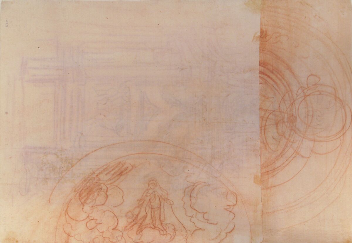Design for a Catafalque (recto); Female Saint Kneeling on Clouds under an Arch, and a Design for the Pinnacle of the Catafalque (verso), Baldassarre Franceschini (il Volterrano) (Italian, Volterra 1611–1690 Florence), Red chalk