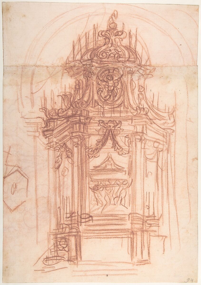 Design for a Catafalque (recto); Female Saint Kneeling on Clouds under an Arch, and a Design for the Pinnacle of the Catafalque (verso), Baldassarre Franceschini (il Volterrano) (Italian, Volterra 1611–1690 Florence), Red chalk 