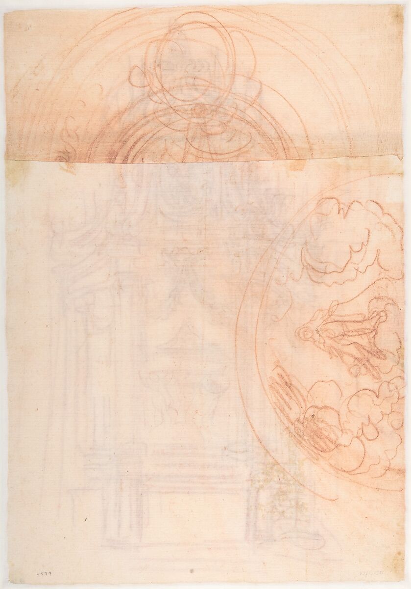 Design for a Catafalque (recto); Female Saint Kneeling on Clouds under an Arch, and a Design for the Pinnacle of the Catafalque (verso), Baldassarre Franceschini (il Volterrano) (Italian, Volterra 1611–1690 Florence), Red chalk