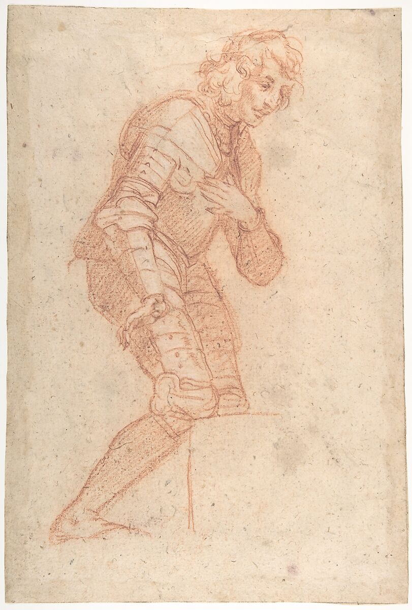 Kneeling Youth in Armour, Baldassarre Franceschini (il Volterrano) (Italian, Volterra 1611–1690 Florence), Red chalk on beige paper 
