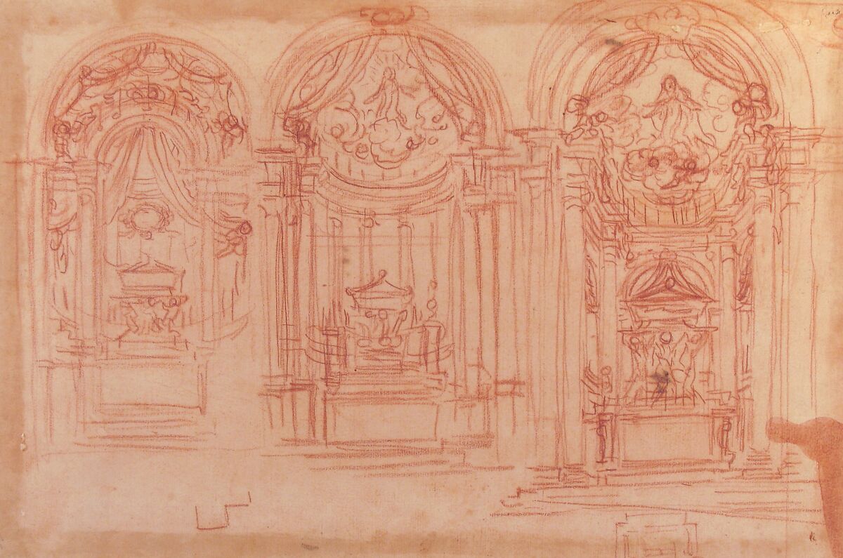 Design for a Catafalgue Used on the Occasion of the Canonization of Saint Mary Magdalen de' Pazzi, Florence, 1669, Baldassarre Franceschini (il Volterrano) (Italian, Volterra 1611–1690 Florence), Red chalk