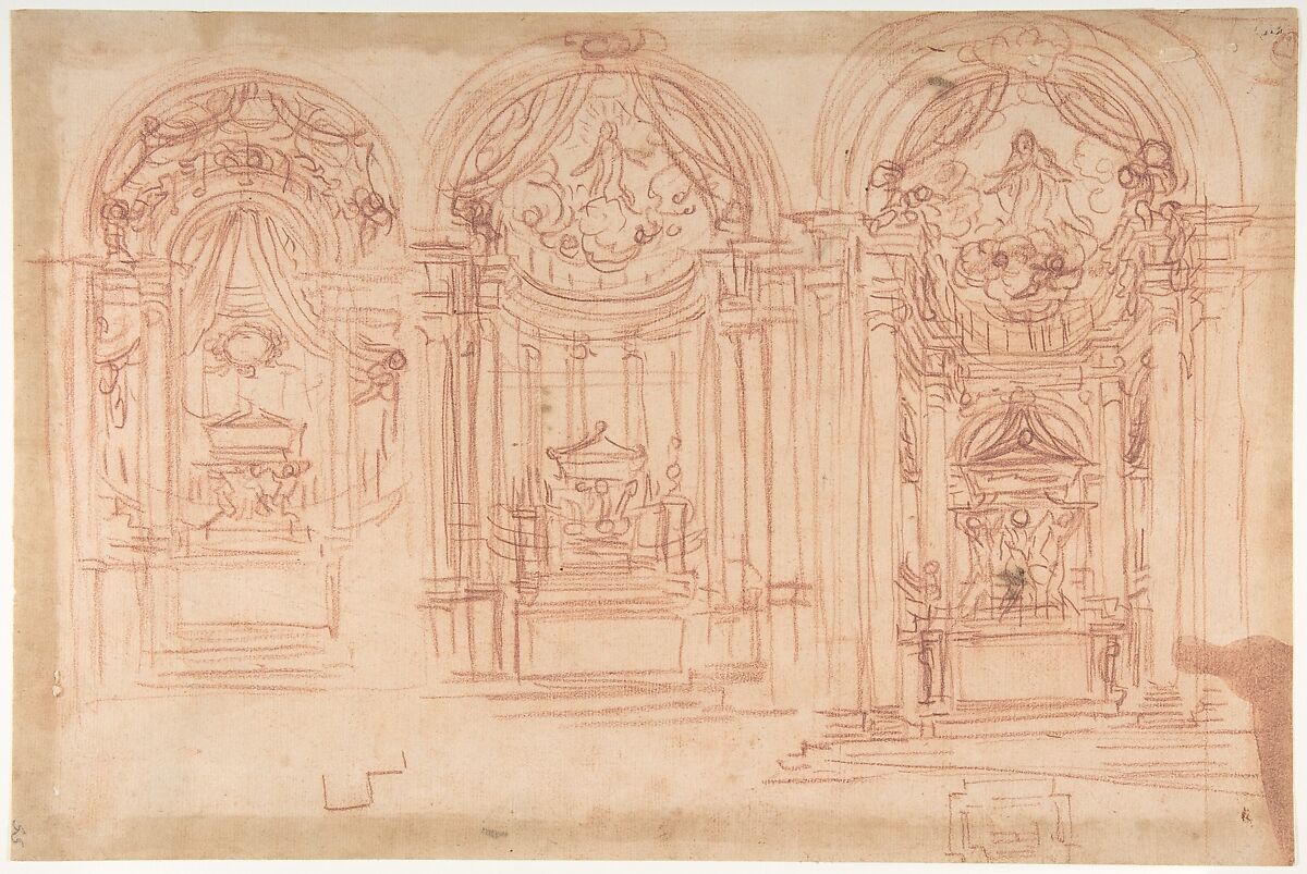 Design for a Catafalgue Used on the Occasion of the Canonization of Saint Mary Magdalen de' Pazzi, Florence, 1669., Baldassarre Franceschini (il Volterrano) (Italian, Volterra 1611–1690 Florence), Red chalk 