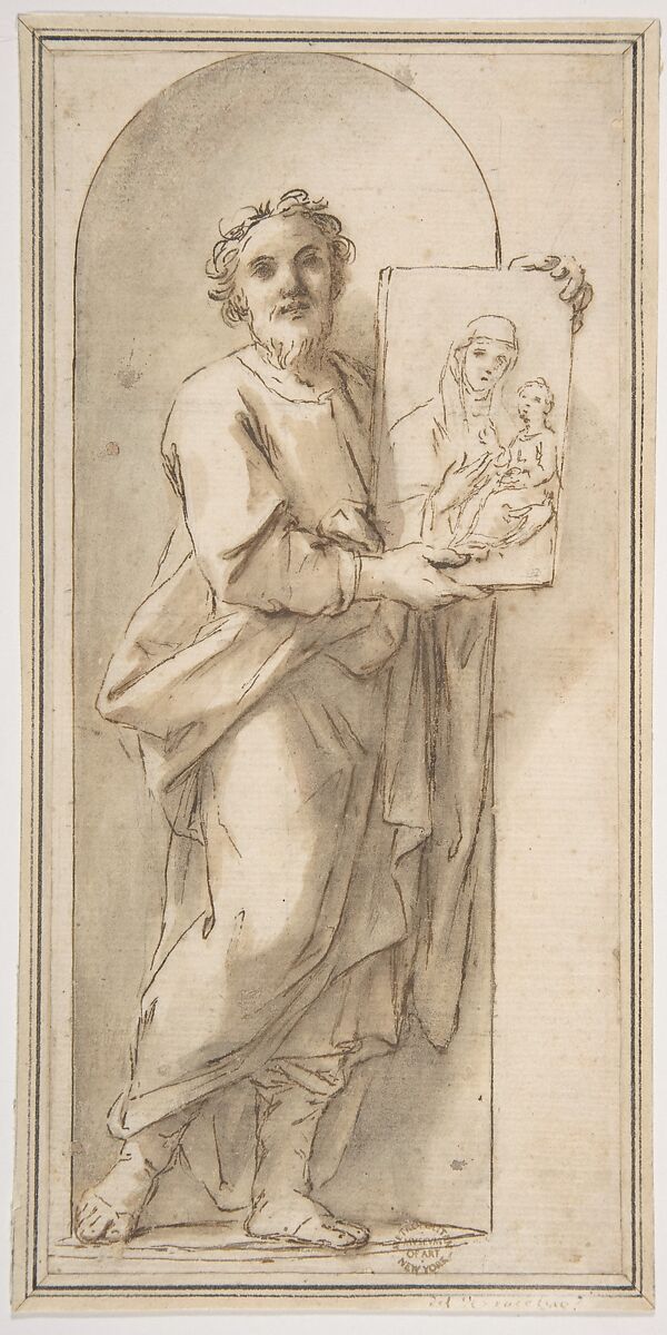 Saint Luke Holding a Painting of the Virgin and Child, Marcantonio Franceschini (Italian, Bologna 1648–1729 Bologna), Pen and brown ink, brush and brown wash 
