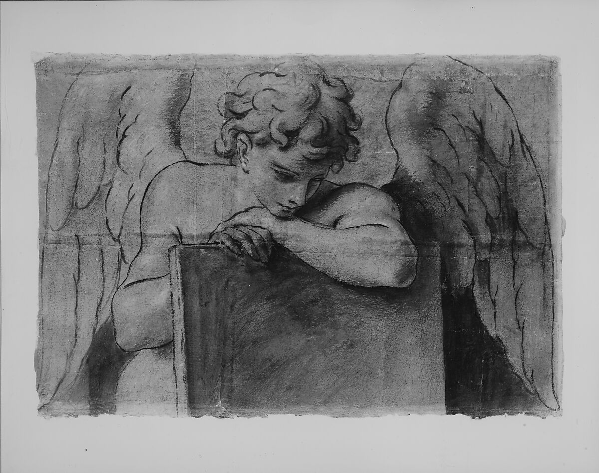 Cartoon Fragment for Adolescent Angel Leaning on a Tablet or Closed Book, Marcantonio Franceschini (Italian, Bologna 1648–1729 Bologna), Brush with brown wash and gouache, over traces of granular charcoal underdrawing, on six glued sheets of paper; lined with canvas