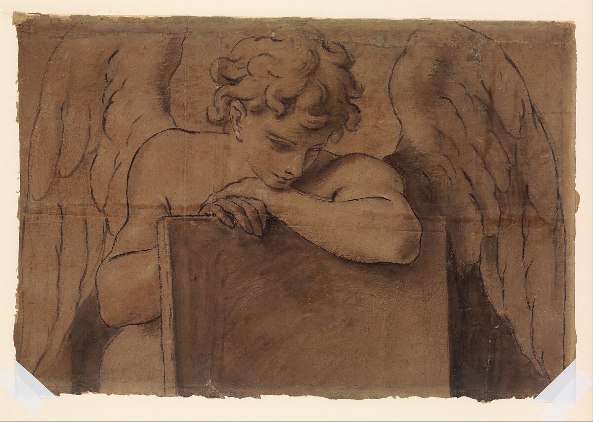 Cartoon Fragment for Adolescent Angel Leaning on a Tablet or Closed Book, Marcantonio Franceschini (Italian, Bologna 1648–1729 Bologna), Brush with brown wash and gouache, over traces of granular charcoal underdrawing, on six glued sheets of paper; lined with canvas 