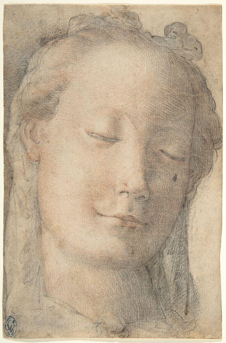 Head of a Young Woman in Three-quarter View Facing Right, with Lowered Eyes, Anonymous, Italian, Florentine, 16th century, Black and red chalks with slight reworking by the artist in pen and brown ink on off-white paper 