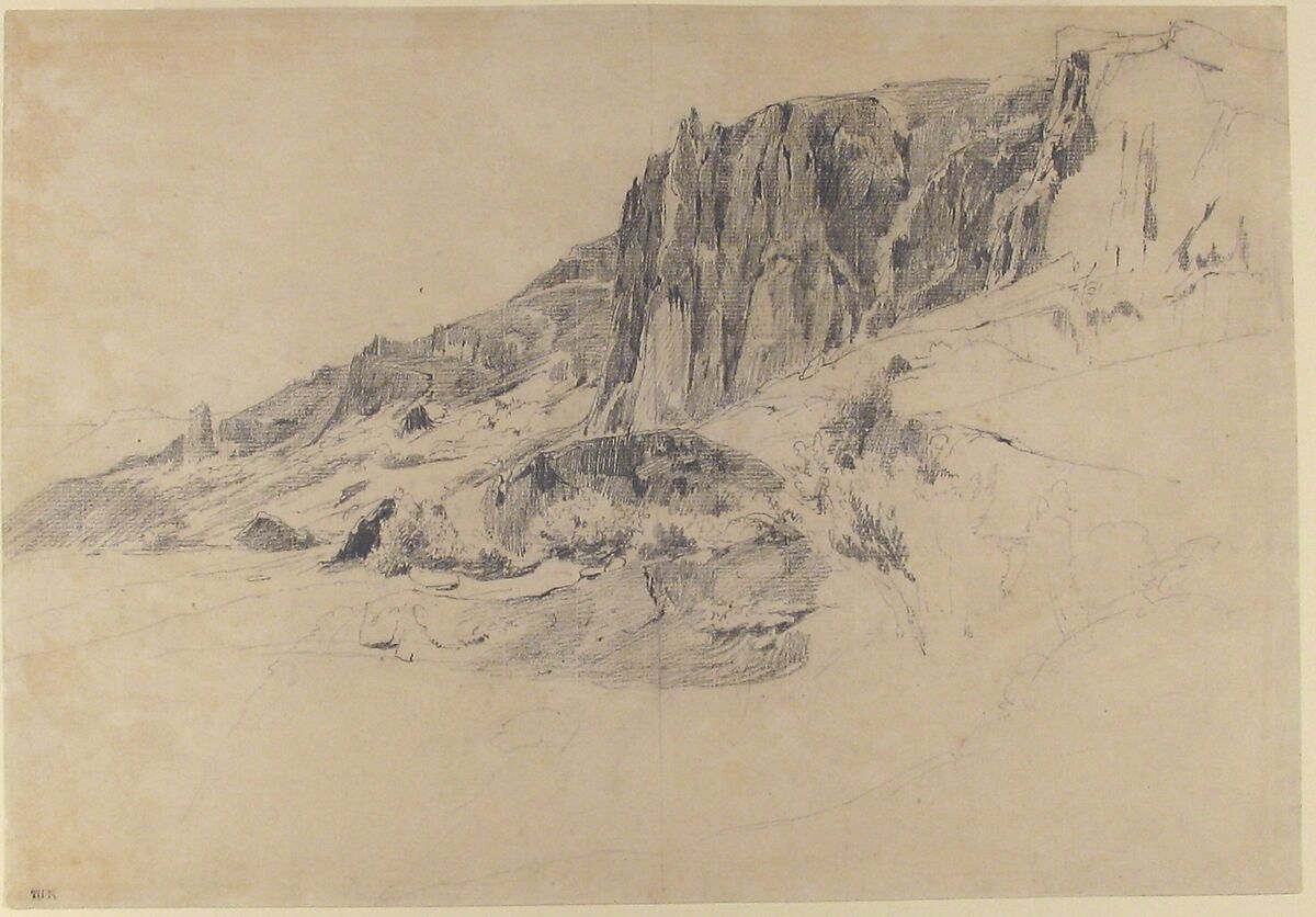 Cliffs of Malbec at Mont-Dore, the Auvergne, Théodore Rousseau (French, Paris 1812–1867 Barbizon), Graphite on laid paper