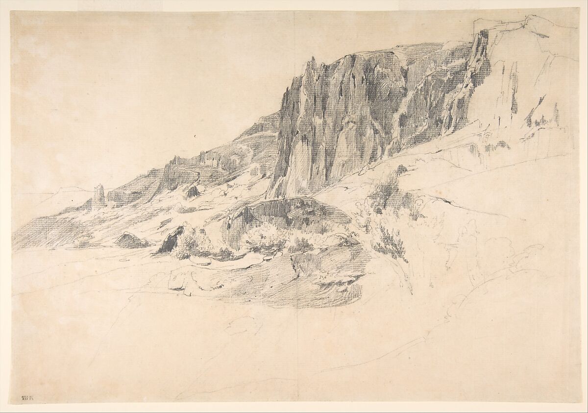 Cliffs of Malbec at Mont-Dore, the Auvergne, Théodore Rousseau (French, Paris 1812–1867 Barbizon), Graphite on laid paper 