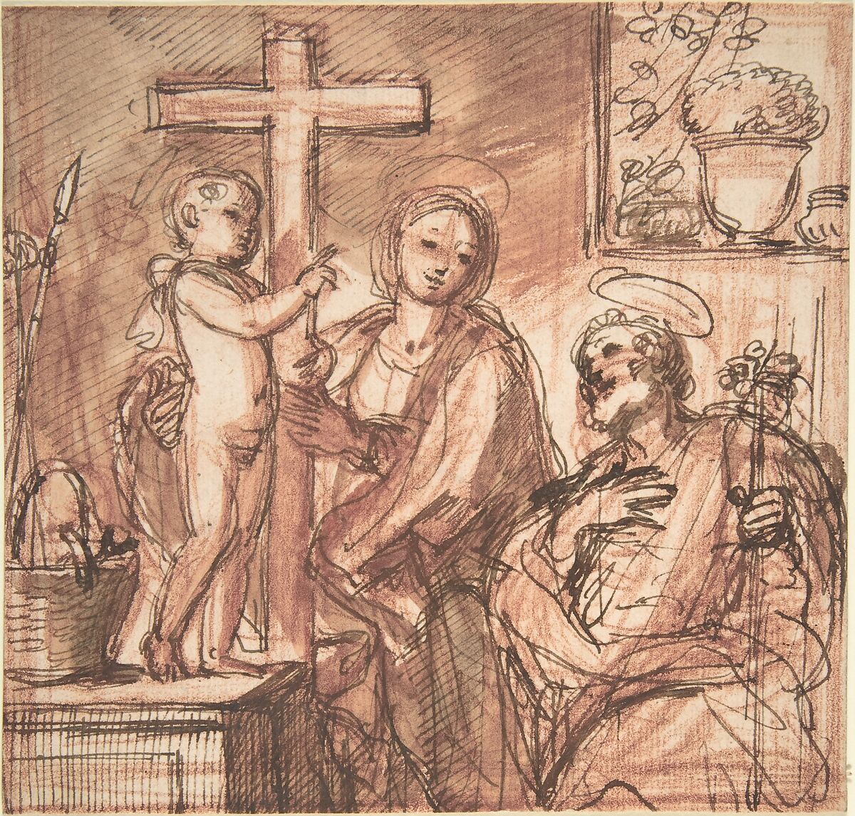 Holy Family in an Interior, Anonymous, Italian, Roman-Bolognese, 17th century, Red chalk, pen and brown ink, brush and brown wash 