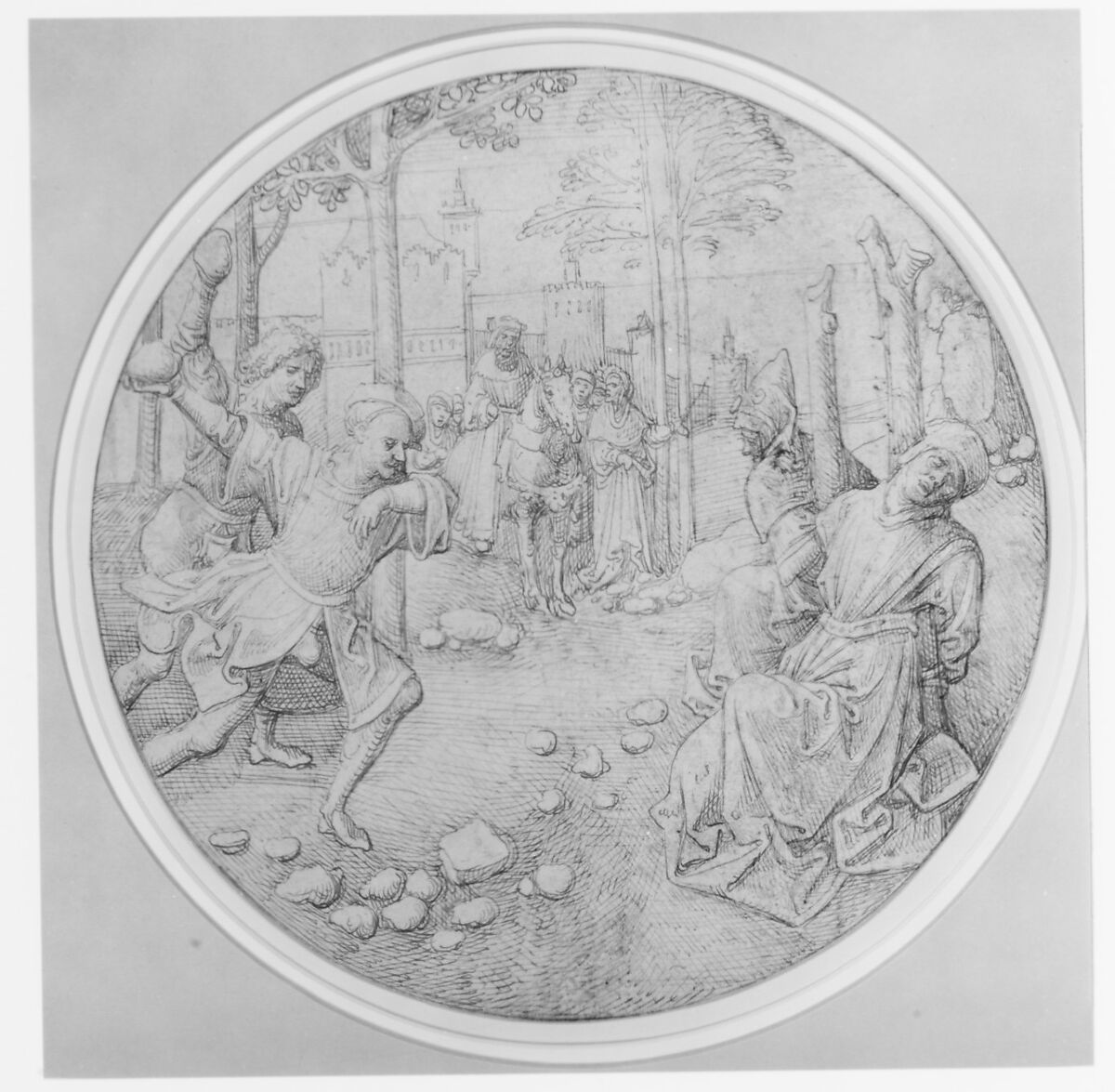 The Stoning of the Elders, Pseudo-Aert Ortkens (Flemish, 1510–1540), Pen and brown ink; framing lines in pen and brown ink