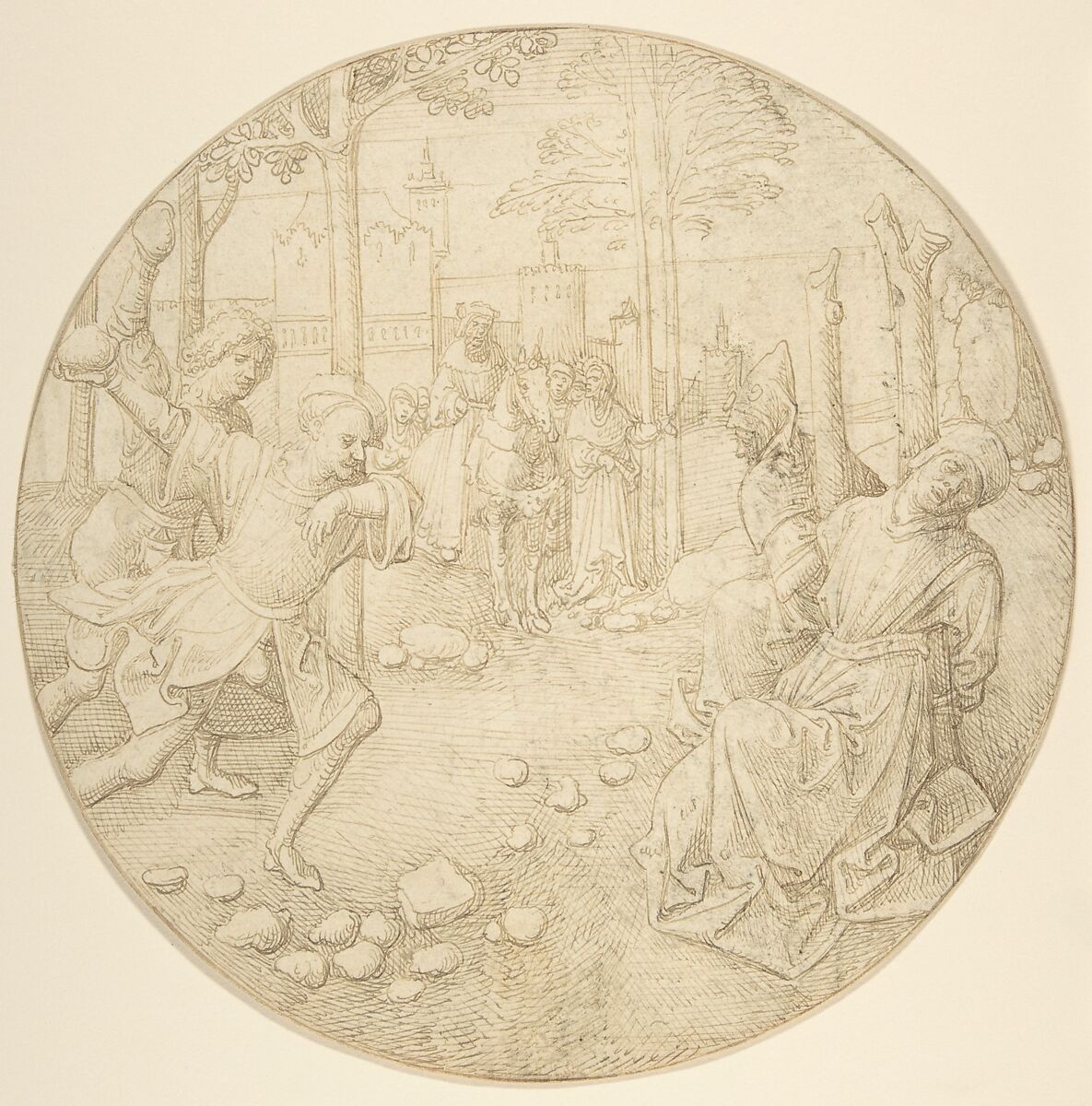 The Stoning of the Elders, Pseudo-Aert Ortkens (Flemish, 1510–1540), Pen and brown ink 