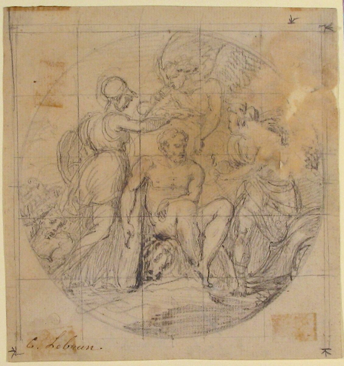 The Choice of Hercules, Anonymous, French, 17th century, Black chalk; squared in black chalk