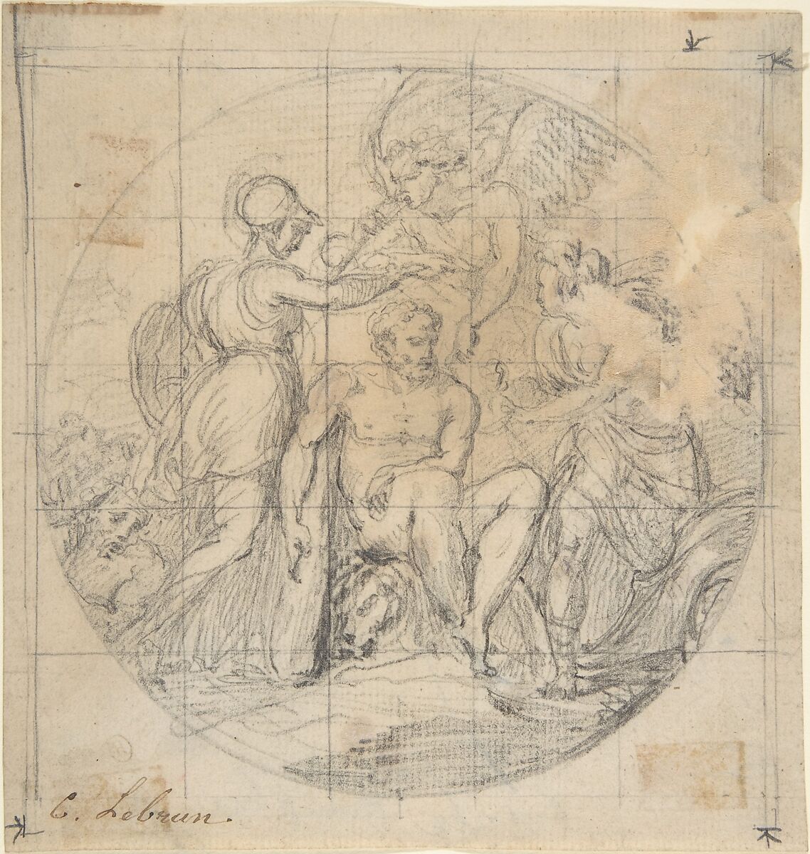 The Choice of Hercules, Anonymous, French, 17th century, Black chalk, squared 