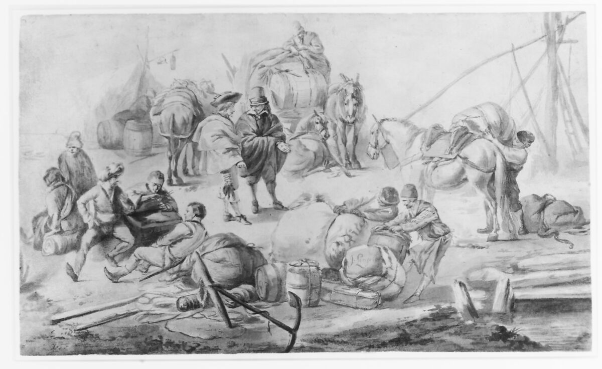 Figures at a Quayside, Johannes Lingelbach (German, Frankfurt am Main 1622–1674 Amsterdam), Brush and gray ink and gray wash