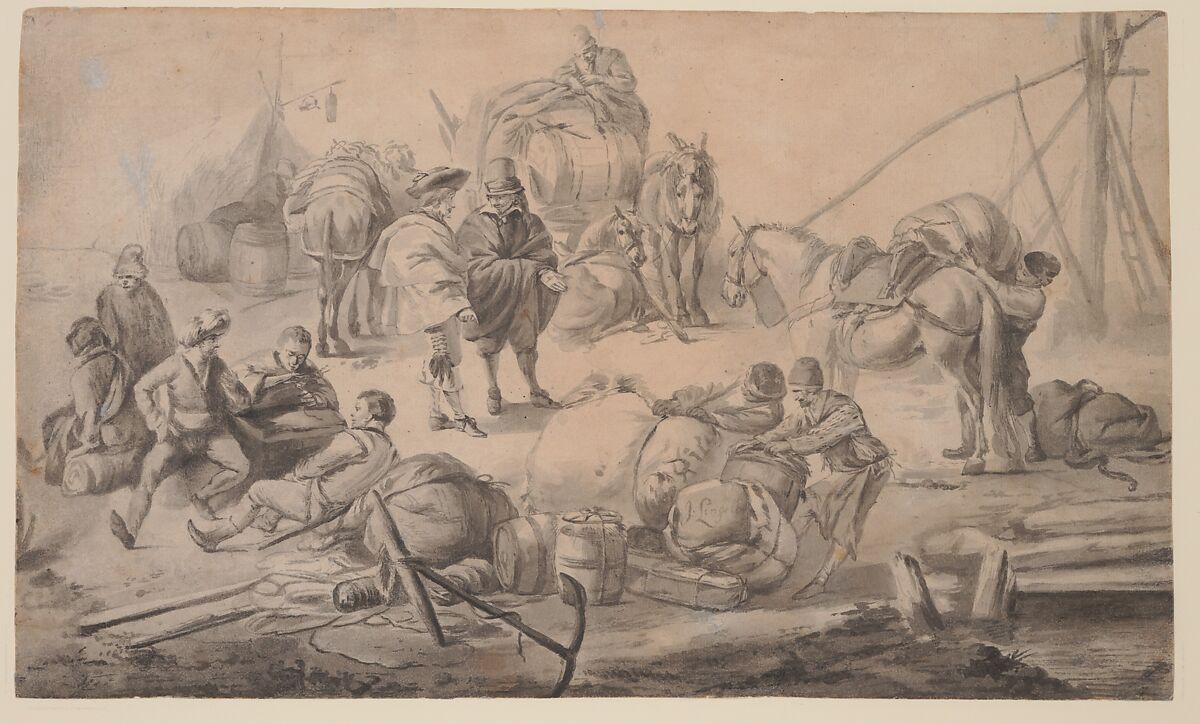 Figures at a Quayside, Johannes Lingelbach (German, Frankfurt am Main 1622–1674 Amsterdam), Brush and gray ink and gray wash