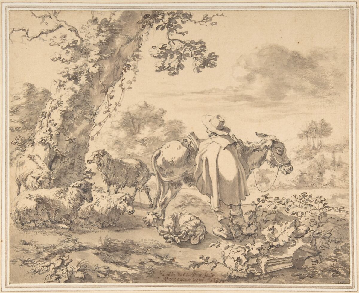 A Herdsman with a Donkey, Jacob van der Does (Dutch, Amsterdam 1623–1673 Amsterdam), Black chalk, pen and brown ink, brush and brown wash 