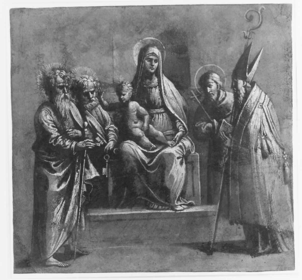 The Virgin and Child with Saints, Girolamo da Treviso (Italian, Treviso ca. 1498–1544 Boulogne-sur-Mer), Pen and brown ink, brush and brown wash, highlighted with white gouache