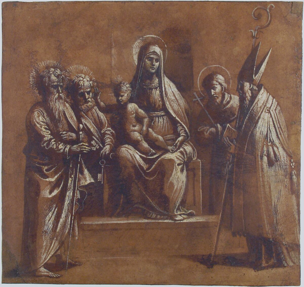 The Virgin and Child with Saints, Girolamo da Treviso (Italian, Treviso ca. 1498–1544 Boulogne-sur-Mer), Pen and brown ink, brush and brown wash, highlighted with white gouache