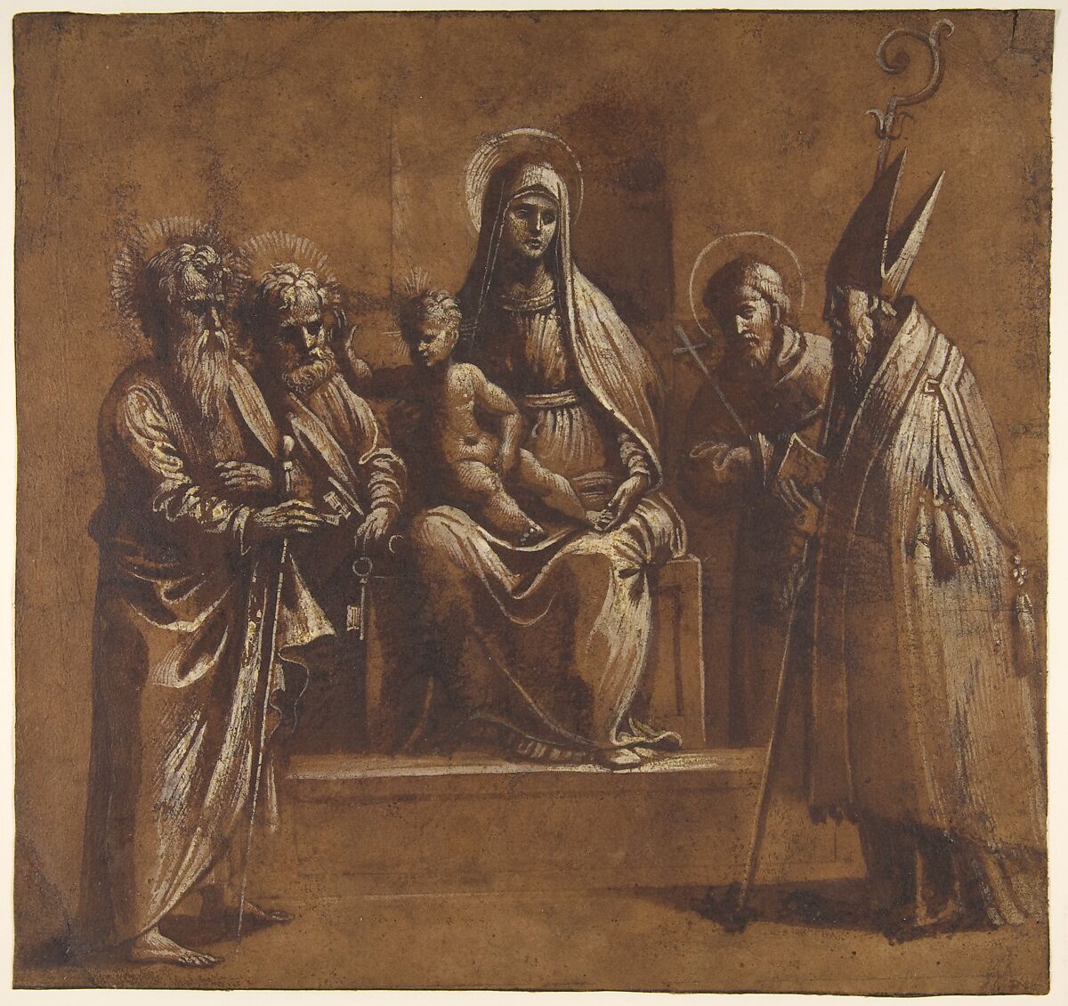 The Virgin and Child with Saints, Girolamo da Treviso (Italian, Treviso ca. 1498–1544 Boulogne-sur-Mer), Pen and brown ink, brush and brown wash, highlighted with white gouache, on blue paper that was tinted with a dark brown wash 
