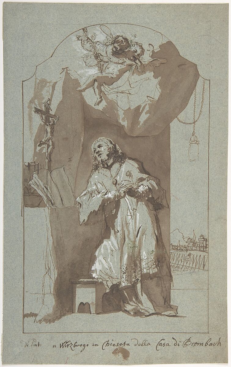 Saint John Nepomuk Praying, Georg Anton Urlaub (German, Thüngersheim 1713–1759 Würzburg), Pen and brown ink and brown wash, white heightening 