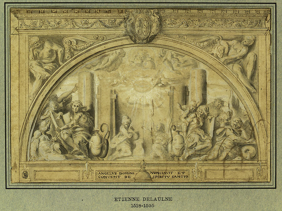 The Annunciation, Martin Fréminet (French, Paris 1567–1619 Paris), Black chalk, pen and brown ink, brush and gray wash, heightened with white.  The architectural elements along the upper margin, including the cornice and the coat of arms, were drawn on a separate sheet, silhouetted and laid down.