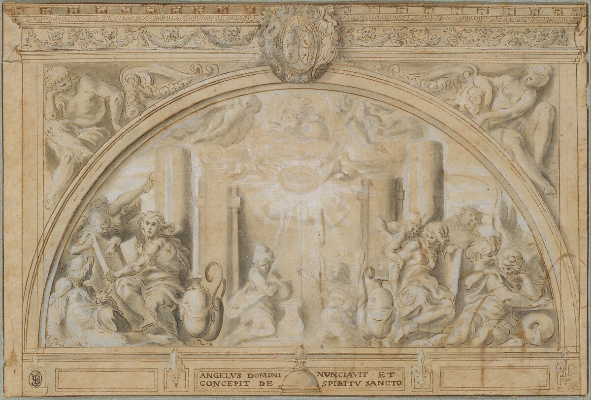 The Annunciation, Martin Fréminet (French, Paris 1567–1619 Paris), Black chalk, pen and brown ink, brush and gray wash, heightened with white.  The architectural elements along the upper margin, including the cornice and the coat of arms, were drawn on a separate sheet, silhouetted and laid down. 