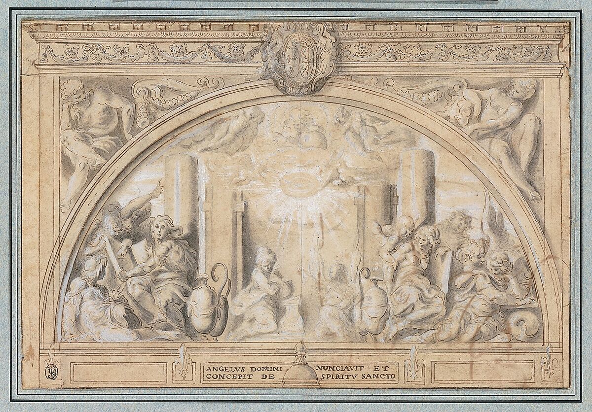 The Annunciation, Martin Fréminet (French, Paris 1567–1619 Paris), Black chalk, pen and brown ink, brush and gray wash, heightened with white.  The architectural elements along the upper margin, including the cornice and the coat of arms, were drawn on a separate sheet, silhouetted and laid down.