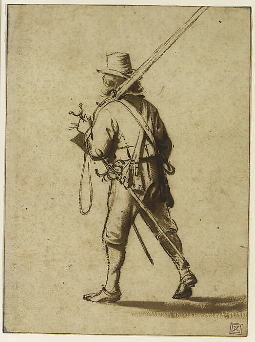 A Walking Musketeer, seen from behind, Anthonie Palamedesz. (Dutch, Delft 1601–1673 Amsterdam), Black chalk, brush and brown ink, brown wash, some spots of blue watercolor along the edges; framing lines in pen and brown ink