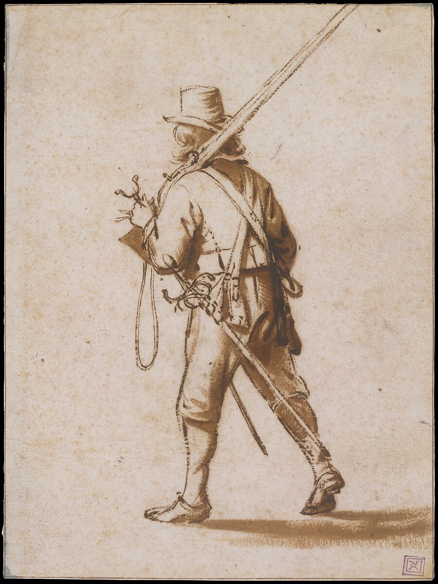 A Walking Musketeer, seen from behind, Anthonie Palamedesz. (Dutch, Delft 1601–1673 Amsterdam), Black chalk, brush and brown ink, brown wash, some spots of blue watercolor along the edges; framing lines in pen and brown ink