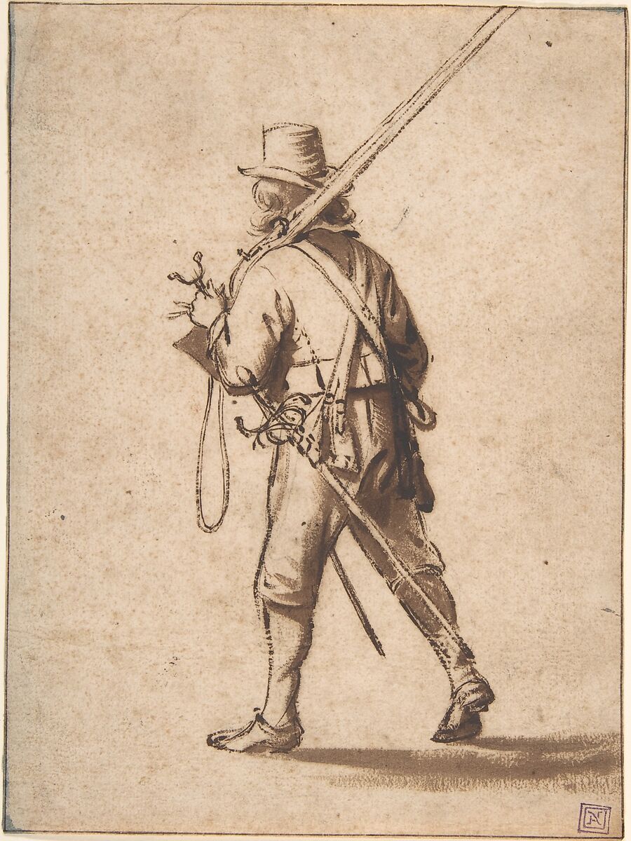 A Walking Musketeer, seen from behind, Anthonie Palamedesz.  Dutch, Black chalk, brush and brown ink, brown wash, some spots of blue watercolor along the edges; framing lines in pen and brown ink