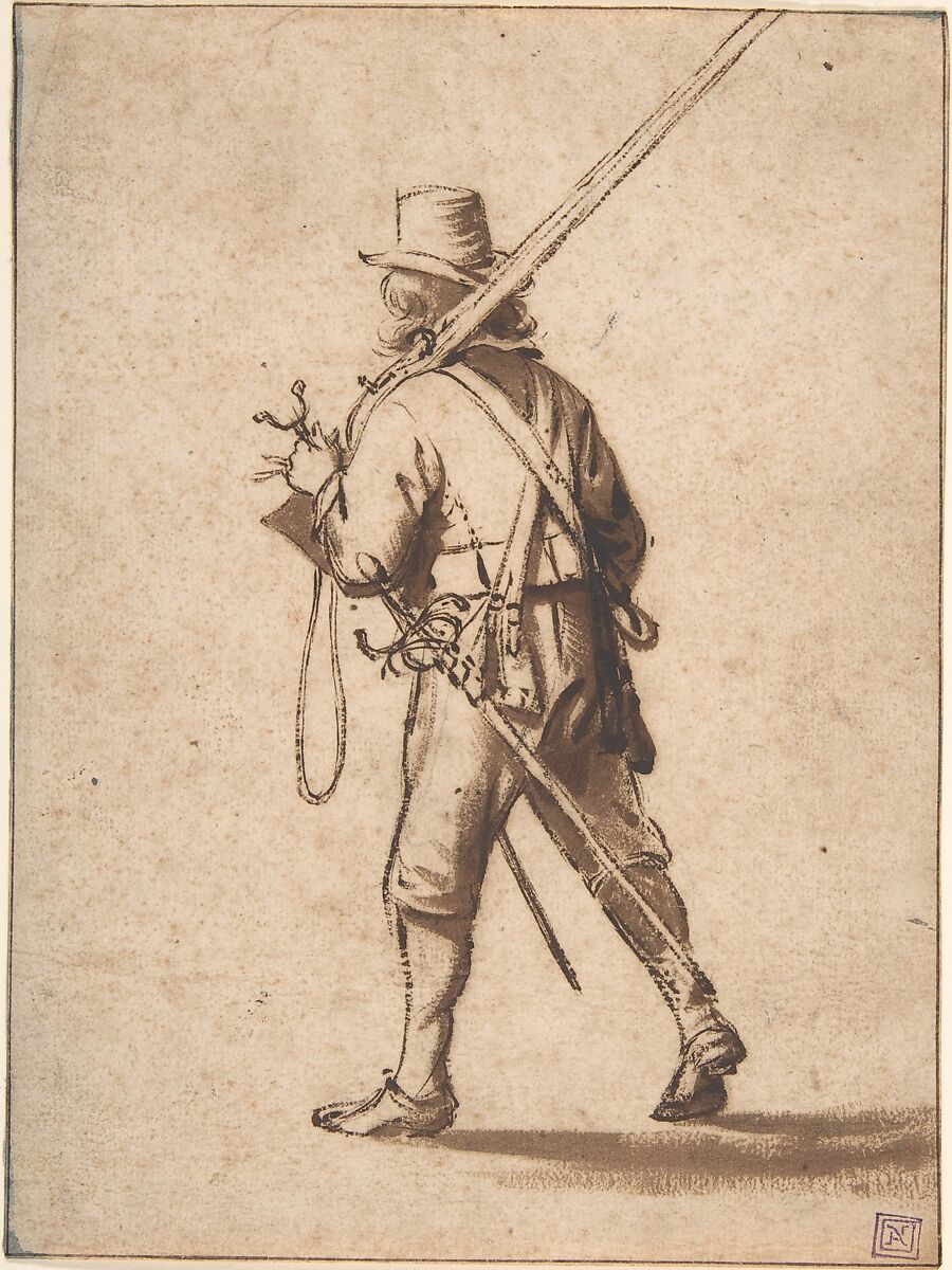 A Walking Musketeer, seen from behind, Anthonie Palamedesz. (Dutch, Delft 1601–1673 Amsterdam), Black chalk, brush and brown ink, brown wash, some spots of blue watercolor along the edges; framing lines in pen and brown ink 