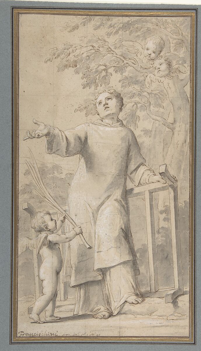 Saint Lawrence Standing and Holding the Grill, Instrument of His Martyrdom, Marcantonio Franceschini (Italian, Bologna 1648–1729 Bologna), Pen and brown ink, brush and gray wash, highlighted with white, on beige paper; squared in black chalk 
